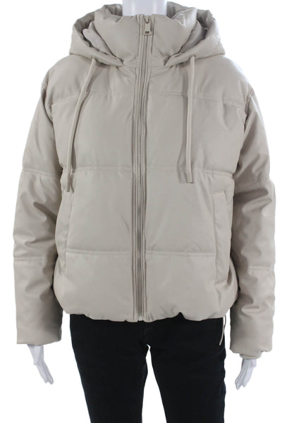Zara Women Puffer Jacket Beige Faux Leather Zip Long Sleeve Size S