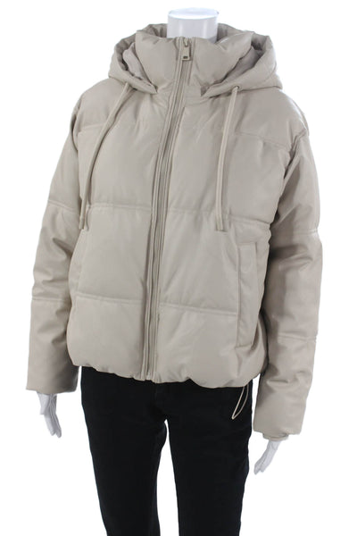 Zara Women Puffer Jacket Beige Faux Leather Zip Long Sleeve Size S