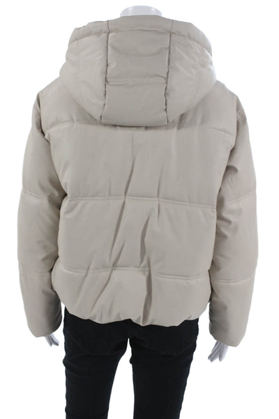 Zara Women Puffer Jacket Beige Faux Leather Zip Long Sleeve Size S