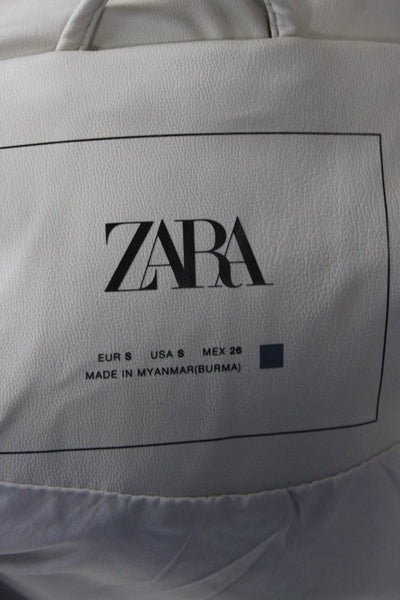 Zara Women Puffer Jacket Beige Faux Leather Zip Long Sleeve Size S