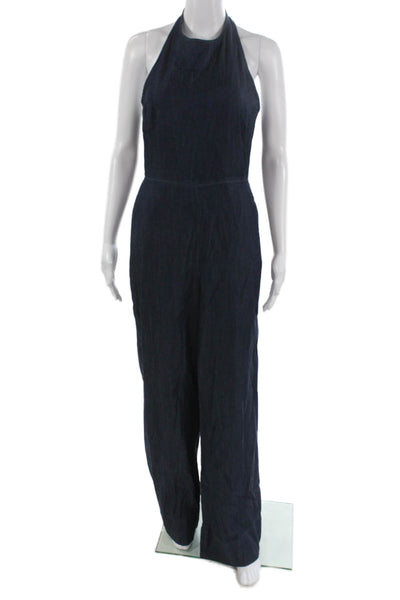 MNG Womens Halter Lyocell Jumpsuit Blue Zip Sleeveless Size S