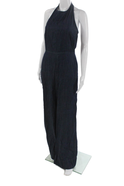 MNG Womens Halter Lyocell Jumpsuit Blue Zip Sleeveless Size S