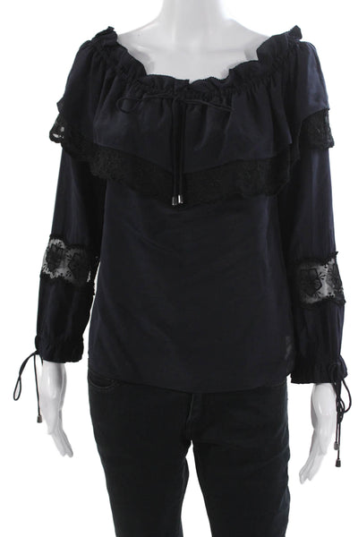 Love Sam Women Silk Off Shoulder Black Long Sleeve Blouse Basic Pullover Size M