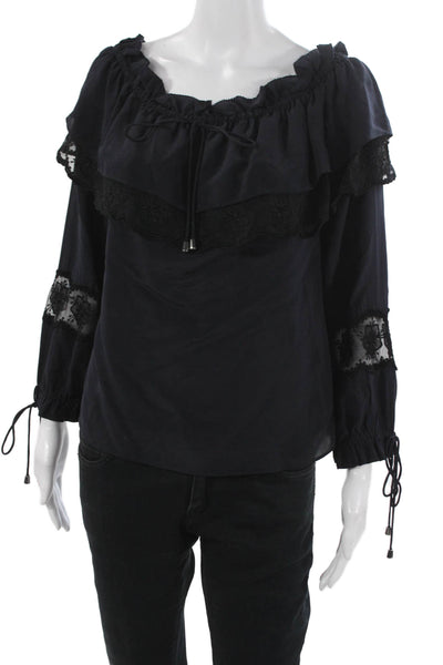 Love Sam Women Silk Off Shoulder Black Long Sleeve Blouse Basic Pullover Size M