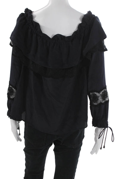 Love Sam Women Silk Off Shoulder Black Long Sleeve Blouse Basic Pullover Size M