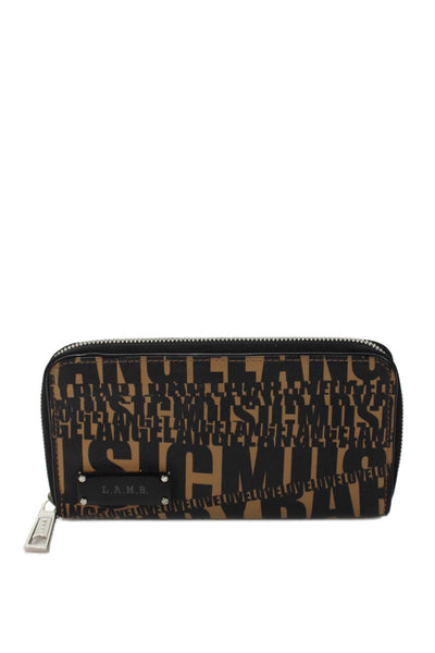 L.A.M.B Womens Leather Silver Tone Zip Around Wallet Brown Black