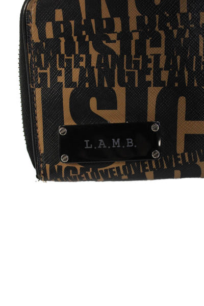 L.A.M.B Womens Leather Silver Tone Zip Around Wallet Brown Black