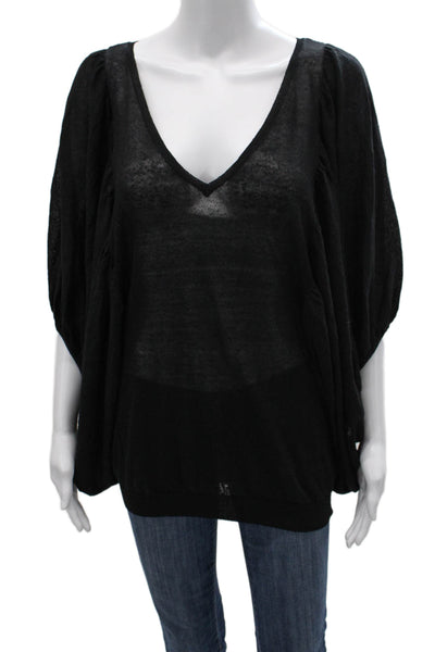 Karoo Mark Eisen Women Linen V-Neck Black Long Sleeve Pullover Blouse Size 1