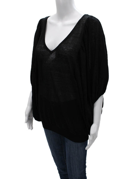 Karoo Mark Eisen Women Linen V-Neck Black Long Sleeve Pullover Blouse Size 1