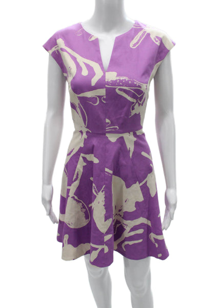 Halston Heritage Womens Fit and Flare Dress Purple V Neck Zip Cotton Size 4