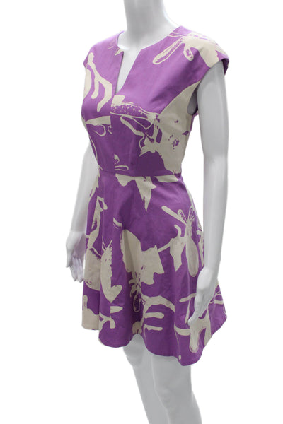 Halston Heritage Womens Fit and Flare Dress Purple V Neck Zip Cotton Size 4
