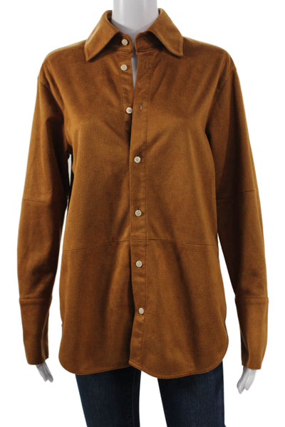 Toccin Womens Button-Up Brown Suede-Like Collared Long Sleeve Size XS
