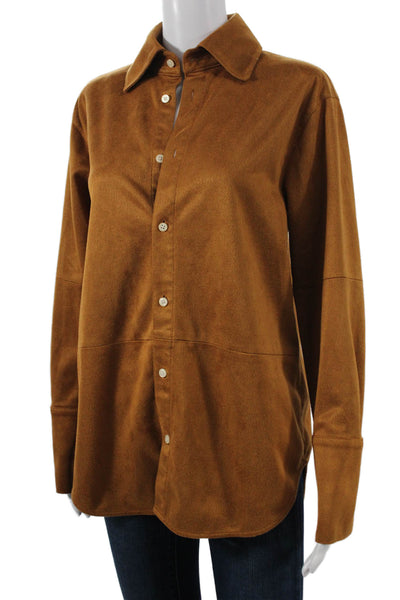 Toccin Womens Button-Up Brown Suede-Like Collared Long Sleeve Size XS