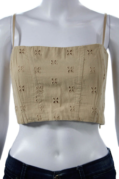 Intermix Women Cropped Sleeveless Tank Beige Cotton Square Neck Zip Size 10