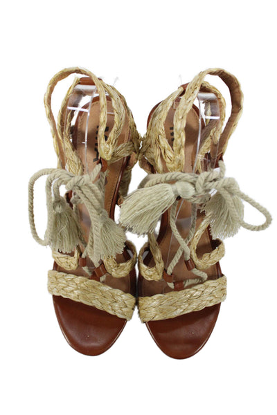 MIA Womem's Block Heel Raffia Strappy Ankle Wrap Sandals Tan Size 8