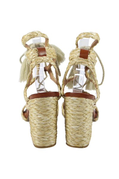 MIA Womem's Block Heel Raffia Strappy Ankle Wrap Sandals Tan Size 8