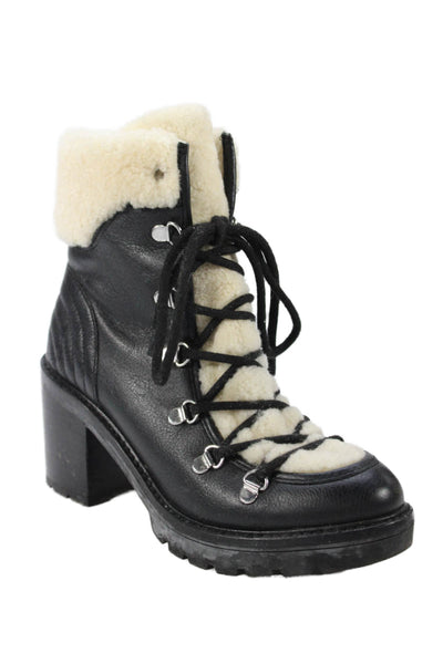 Marc Fisher Women's Block Heel Lace Up Leather Combat Boots Black Size 7.5