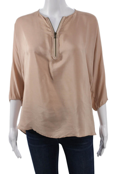Vince Women Basic Silk Blend Blouse Beige Round Neck 3/4 Sleeve Size XS