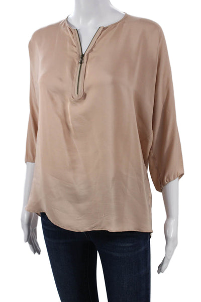 Vince Women Basic Silk Blend Blouse Beige Round Neck 3/4 Sleeve Size XS