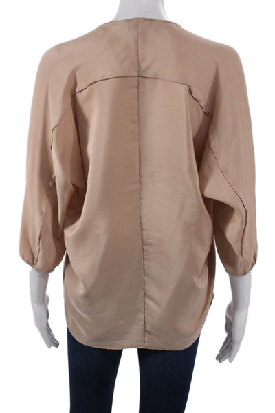 Vince Women Basic Silk Blend Blouse Beige Round Neck 3/4 Sleeve Size XS