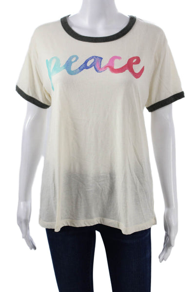 Chaser Womens Beige Ringer Tee Graphic Peace Cotton Short Sleeve Size L