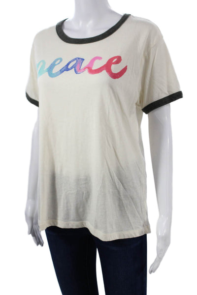 Chaser Womens Beige Ringer Tee Graphic Peace Cotton Short Sleeve Size L