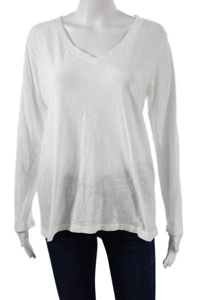 Velvet Women V-Neck Long Sleeve Basic T-Shirt White 100% Cotton Size M