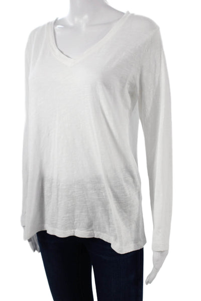 Velvet Women V-Neck Long Sleeve Basic T-Shirt White 100% Cotton Size M
