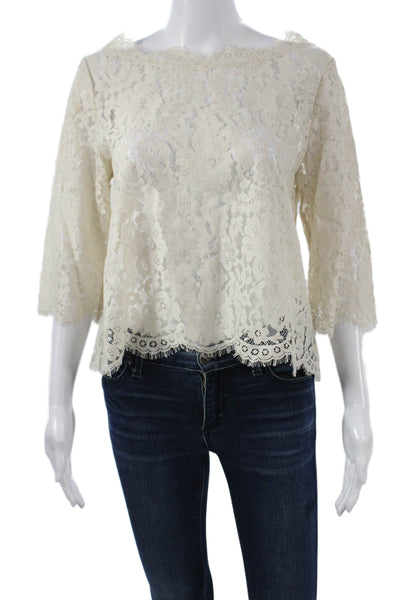 Joie Women Floral Boat Neck Blouse Ivory Poly Button 3/4 Sleeve Size M