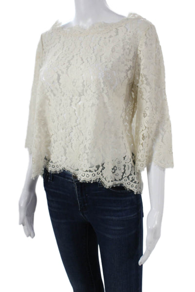 Joie Women Floral Boat Neck Blouse Ivory Poly Button 3/4 Sleeve Size M