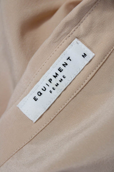 Equipment Femme Women Basic Silk Sleeveless Collared Button Blouse Beige Size M