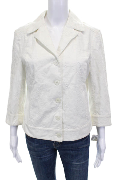 Spanner Womens Basic Jacket White Floral Button 3/4 Sleeve Spandex Size 8