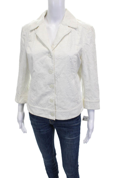 Spanner Womens Basic Jacket White Floral Button 3/4 Sleeve Spandex Size 8