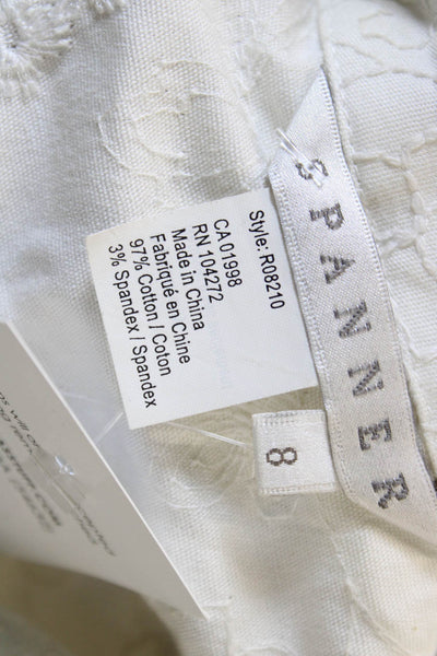 Spanner Womens Basic Jacket White Floral Button 3/4 Sleeve Spandex Size 8