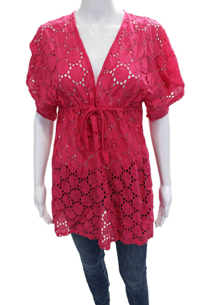 Jordan Taylor Womens Tunic Pink V-Neck Geometric Tie Cotton Short Sleeve Size M