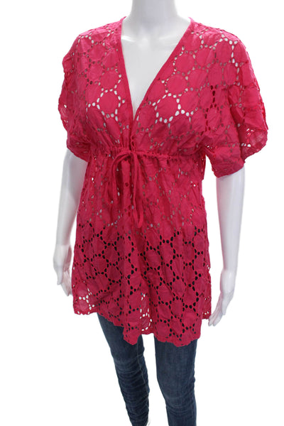 Jordan Taylor Womens Tunic Pink V-Neck Geometric Tie Cotton Short Sleeve Size M