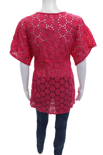 Jordan Taylor Womens Tunic Pink V-Neck Geometric Tie Cotton Short Sleeve Size M