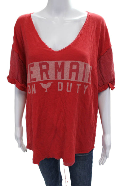 Wildfox Women Red Graphic V-Neck Cotton Basic T-Shirt Short Sleeve Size M