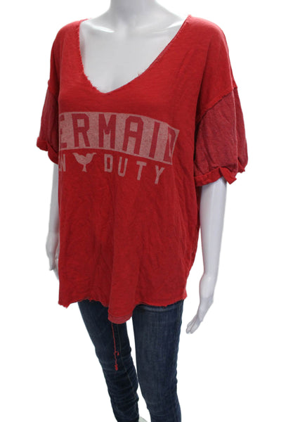 Wildfox Women Red Graphic V-Neck Cotton Basic T-Shirt Short Sleeve Size M