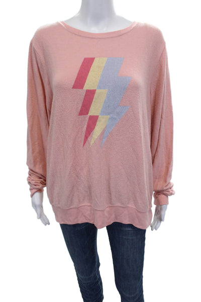 Wildfox Women Pullover Pink Cotton Spandex Long Sleeve Round Neck Size XL