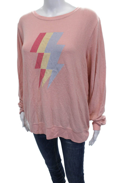 Wildfox Women Pullover Pink Cotton Spandex Long Sleeve Round Neck Size XL