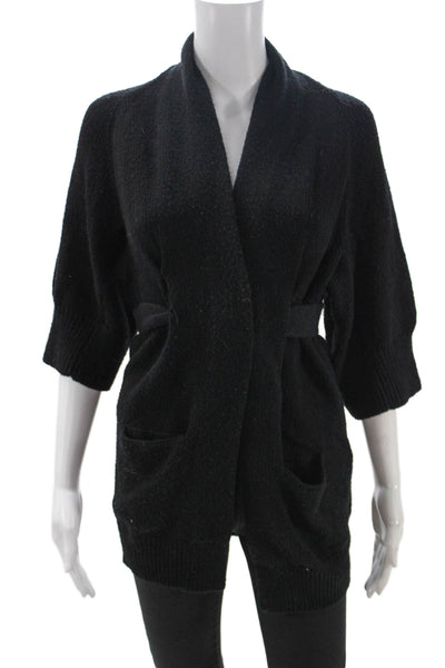 Elie Tahari Womens Cardigan Black Wool Blend Collared 3/4 Sleeve Size XS
