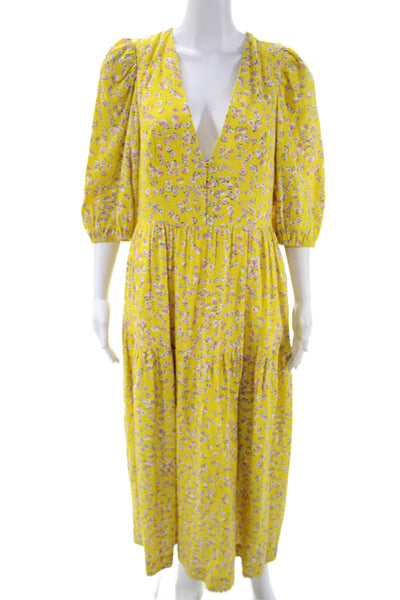 Nicholas Womens Maxi Floral Linen V-Neck Button 3/4 Sleeve Yellow Dress Size M