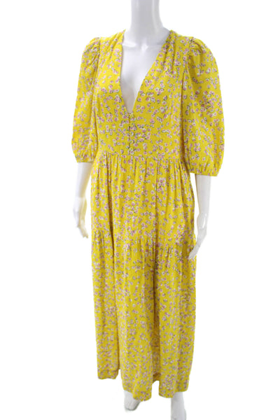 Nicholas Womens Maxi Floral Linen V-Neck Button 3/4 Sleeve Yellow Dress Size M