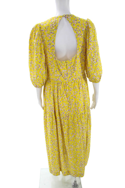 Nicholas Womens Maxi Floral Linen V-Neck Button 3/4 Sleeve Yellow Dress Size M