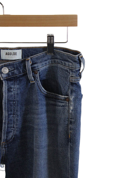Agolde Women Straight Jeans Blue Mid Rise Button Cotton Size 28