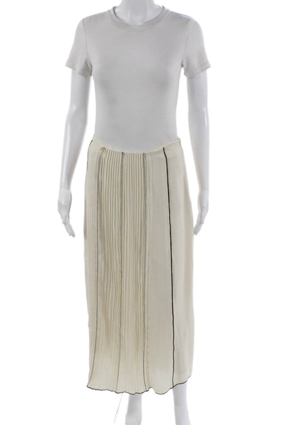 Zara Women Pleated Striped Midi Skirt Ivory Polyester Size M