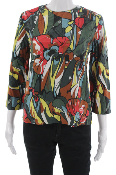Marni Women Multicolor Floral Cotton Blouse 3/4 Sleeve Round Neck Zip Size S