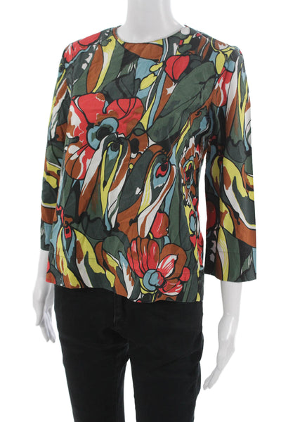 Marni Women Multicolor Floral Cotton Blouse 3/4 Sleeve Round Neck Zip Size S