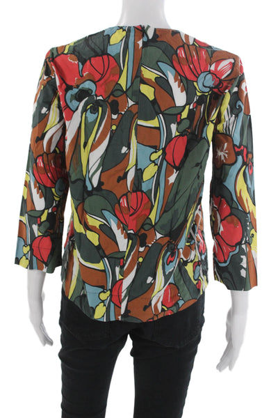 Marni Women Multicolor Floral Cotton Blouse 3/4 Sleeve Round Neck Zip Size S